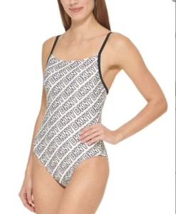 MSRP $108 DNKY Women's Logo-Print One-Piece Black & White Swimsuit Size Large - Picture 1 of 5
