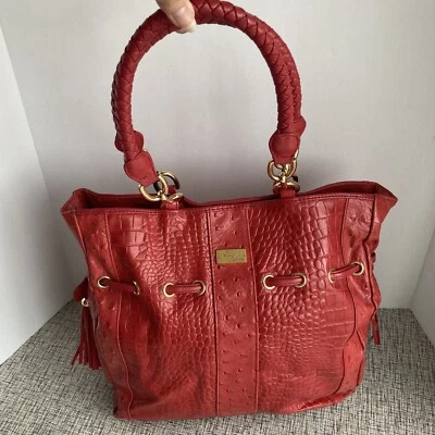 Isabella Adams Leather Crocodile Embossed Handbag Tassels Red 14"x13" Slight Use - Image 1 of 4