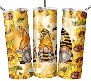 Honey Bees Sunflower Gnomes 20oz Skinny Tumbler Insulated Travel Mug - Picture 1 of 3