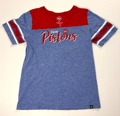 Detroit Pistons Womens '47 Brand T Shirt V Neck Blue Red Sz M NBA Basketball - Image 1 of 4