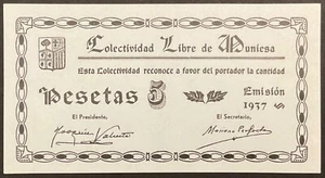 5,0 PESETEN 1937 FREIE GEMEINSCHAFT VON MUNIESA BANKNOTE BÜRGERKRIEG SPANIEN - Bild 1 von 6