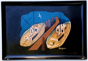 Vintage Couroc Of Monterey Tray Boats In Harbor Runyan Wood Inlay MCM - Rare! - Picture 1 of 7