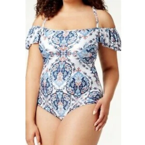 Nuevo Traje de Baño Becca Floral de Una Pieza para Mujer 2X Fuera del Hombro Volantes Azul Blanco - Imagen 1 de 10