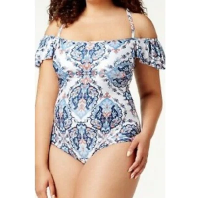 New Becca Floral One Piece Swimsuit Womens 2X Off Shoulder Ruffle Blue White - Image 1 of 4