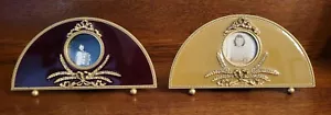 Set of 2 Bejeweled Enamel Fan Shaped Antique Look Photo Frames 2" Circle Photo - Picture 1 of 4