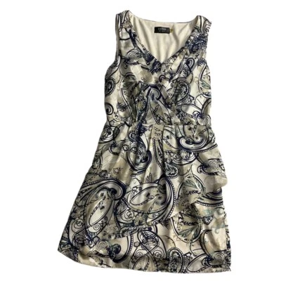 Guess Beige Blue Paisley Print Fitted Waist Above Knee Sleeveless Vneck Dress 8 - Image 1 of 4