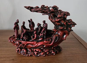 Vintage Zinnober Harz chinesische Feng Shui Skulptur acht Unsterbliche im Boot ~ schwer - Bild 1 von 5