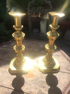Antique Early 19 Century Solid Brass Pair Candlesticks 10” - Picture 1 of 7