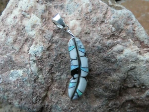 Buffalo Turquoise Black White Gemstone Opal Sterling Silver Feather Pendant AB66 - Picture 1 of 7
