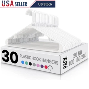 Durable Plastic Hangers 30 Pack Heavy Duty Space Saving Clothes Hangers W/ Hooks - Picture 1 of 8
