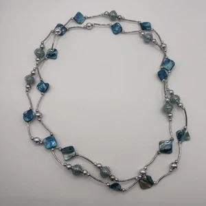Turquoise & Silver Beaded Necklace – Iridescent Squares And Wire Beads, Costal - Picture 1 of 3