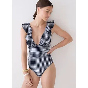 J. CREW Deep V Ruched Ruffle Gingham One-Piece Preppy Swim Suit Size 10 - Picture 1 of 6