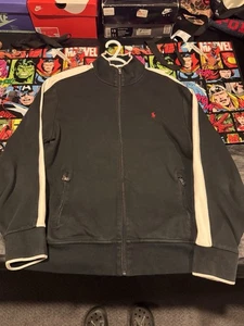 Polo Ralph Lauren Trainingsjacke Herren Large schwarz durchgehender Reißverschluss Streifen Stehkragen Pony - Bild 1 von 5