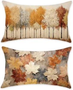 Fall Pillow Covers 12X20 Set of 2 Autumn Leaves Thanksgiving Decorative Cushion - Picture 1 of 12