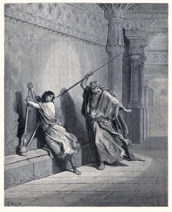 Bible Illustration SAUL SMITES DAVID, Old Testament 1890 Gustave Dore engraving - Picture 1 of 4
