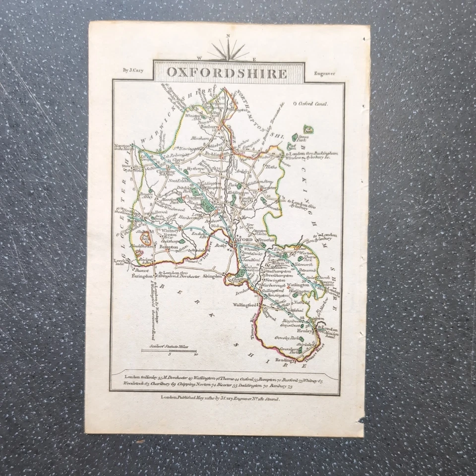 Mapa original antiguo del condado de Cary de 1810 de Oxfordshire Travellers Companion Foto 1 de 2