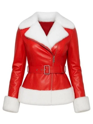 Women Santa Claus Leather Jacket | Santa Women Christmas Red Leather Fur Jacket - Image 1 of 3