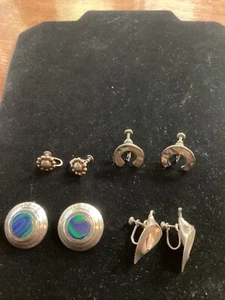 LOT OF 4 VINTAGE STERLING SILVER SCREW & CLIP ON ABALONE MALACHITE EARRINGS - Picture 1 of 7