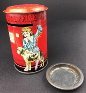 Vintage Tin Post Office Litho English Coin Bank Can Child Dressed Victorian Dog - Picture 1 of 11