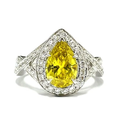 Alianza de diamantes naturales AIG 1,94 corte pera color amarillo oro blanco de 18 quilates Foto 1 de 4