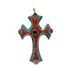 Red Coral, Onyx & Turquoise Gemstone Nepali Handmade Cross Pendant 4.4''