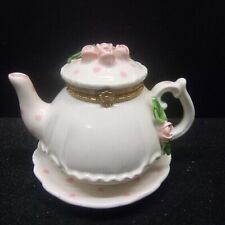 VNTG Mud Pie Ceramic Teapot Trinket Box White Pink Roses Polka Dot 1998