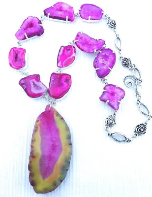 COLLAR LARGO HECHO A MANO ELEGANTE ÁGATA ROSA DRUZY GEODA 22"  Foto 1 de 4