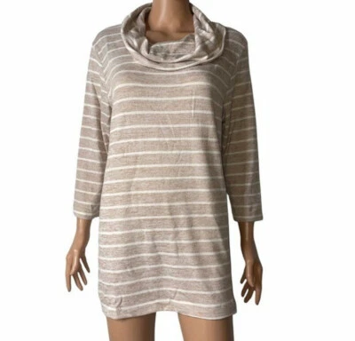 NUEVO Para Mujer XXL Beige Rayas Capucha Cuello Túnica Top Cómodo Acogedor Casa Minimalista Foto 1 de 4