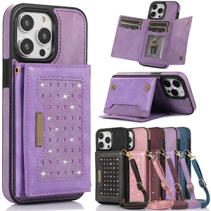 For iPhone 14 Pro Max 15 13 11 Magnetic Leather Bling Stand Shoulder Strap Case - Picture 1 of 46