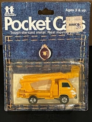 TOMY POCKET CARS YELLOW NISSAN CABALL BUCKET TRUCK NEW OLD STOCK 1980 - Image 1 of 2