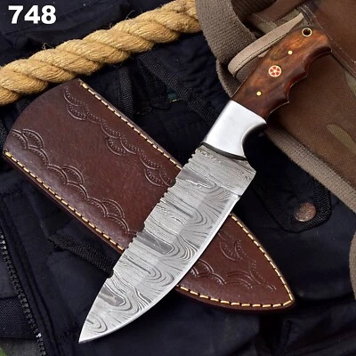 Hand Forged Damascus Steel Skinner Knife -African wood Handle + Sheath - Image 1 of 4