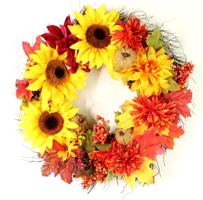 Beautiful Fall Wreath in Traditional Autumn Colors with Pumpkins and Sunflowers - Image 1 of 4