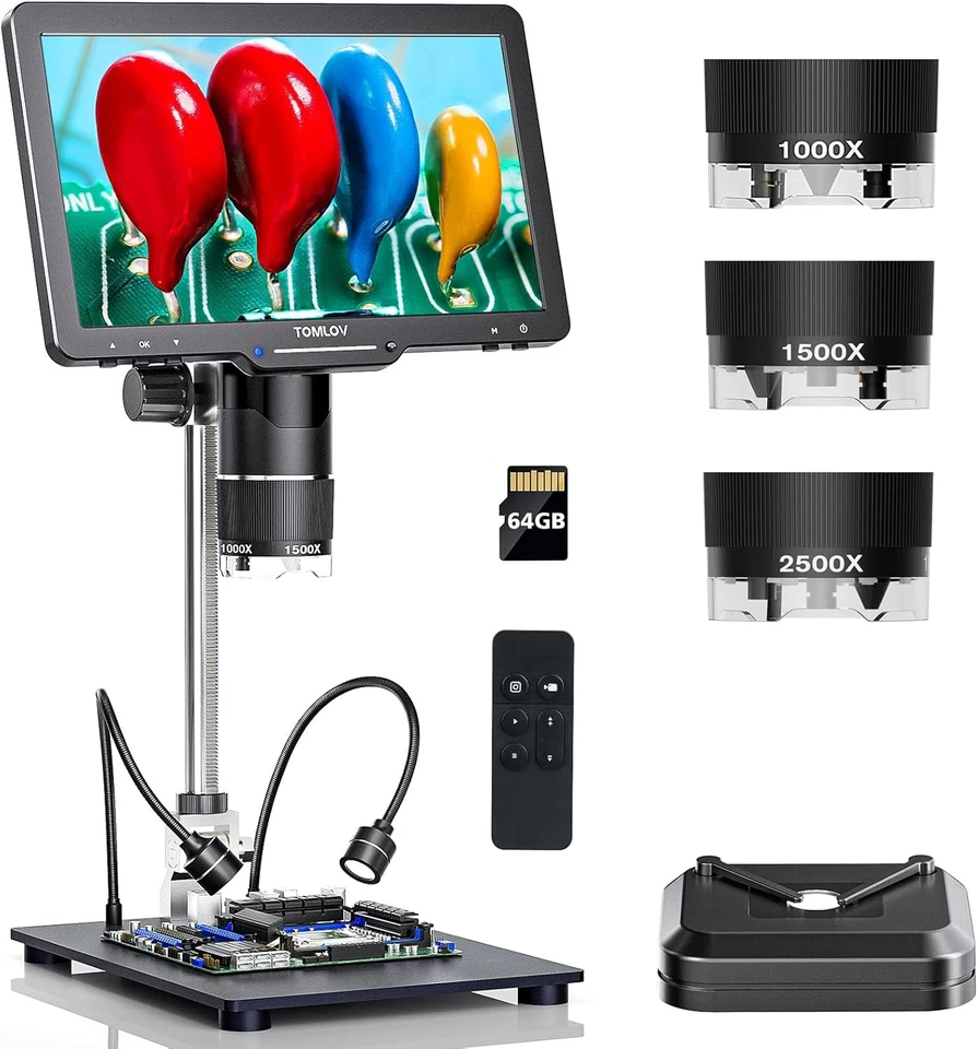 TOMLOV TriL110 3-Lens Digital Microscope 10.1" 2500X 2K HDMI 10.1 Black