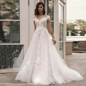 Woman Wedding Dress Customized Cap Sleeve Scoop Neck Lace Applique Sweep Train - Picture 1 of 12