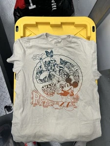 EUC Damen Disney Mickey Mouse Rundhalsausschnitt 100 % Baumwolle S/S T-Shirt "PEACE" hellbraun L - Bild 1 von 3