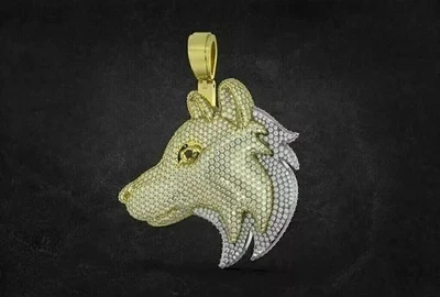 3Ct Round Cut Lab Created Diamond Wolf Head Men's Pendant 14K Yellow Gold Plated - Image 1 of 4