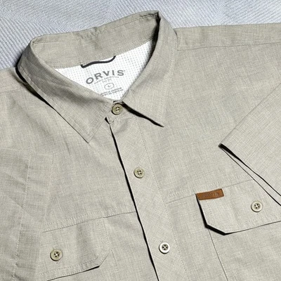 Orvis Chambray Tan Brown Performance Button Up Dual Pocket Tech Shirt Size Large - Image 1 of 4