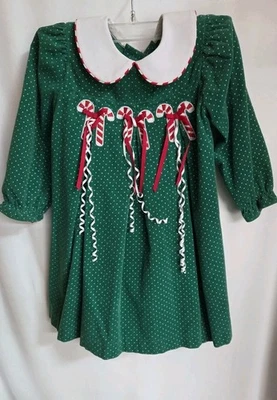 Girls Vtg Rare Editions Green Corduroy Dress 4T Christmas Smocked Embroidered  - Image 1 of 4