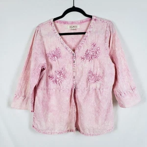 April Cornell Top mit Knopfleiste Damen M rosa geteilter Saum bestickt Schmetterlinge - Bild 1 von 10