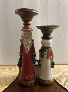 Wooden Figures Candle Holders Santa And Snowman Christmas Holiday DECOR Set 2 - Picture 1 of 4