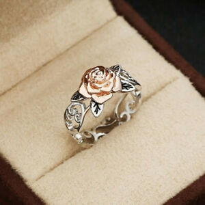 Rose Flower 925 Silver Gold Floral Ring Women Wedding Fashion Jewelry Size 6-10