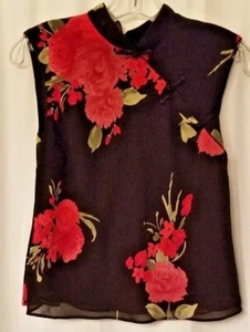 Damen Top Vintage Orientalisch Blumen Zierlich Ärmellos Hochgeschlossen Schlüsselloch Größe 10 - Bild 1 von 5