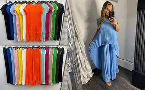 Conjunto de pantalón coord plisado alto-bajo y pierna ancha para damas - Imagen 1 de 8