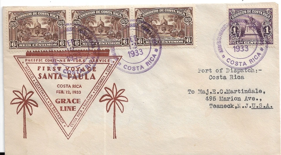 Costa Rica to Teaneck, NJ 1933 1st Voyage of "Santa Paula" Grace Lines (51914) - Image 1 of 1