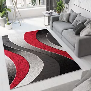 Teppich Kurzfor Grau Rot Schwarz Modern Wellen Wohnzimmer Schlafzimmer ÖKOTEX - Foto 1 di 8