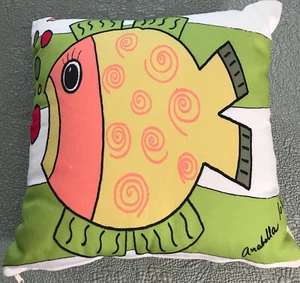 Fish Throw Pillow Decorative Accent Bubbles Green/White Striped Handmade Signed - Picture 1 of 11
