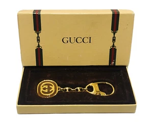 Vintage GUCCI GG Gold Plated Brown Enamel Logo Key Chain - Picture 1 of 4