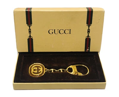 Vintage GUCCI GG Gold Plated Brown Enamel Logo Key Chain - Image 1 of 4
