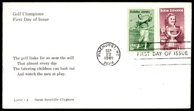 1981 Bobby Jones FDC- Golf Champions Sarah Norcliffe Cleghorn LYRIC Cachet - Image 1 of 2