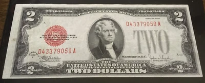 1928 F $2.00 TWO DOLLAR RED SEAL NOTE light circulated DA block wide left margin - Image 1 of 2